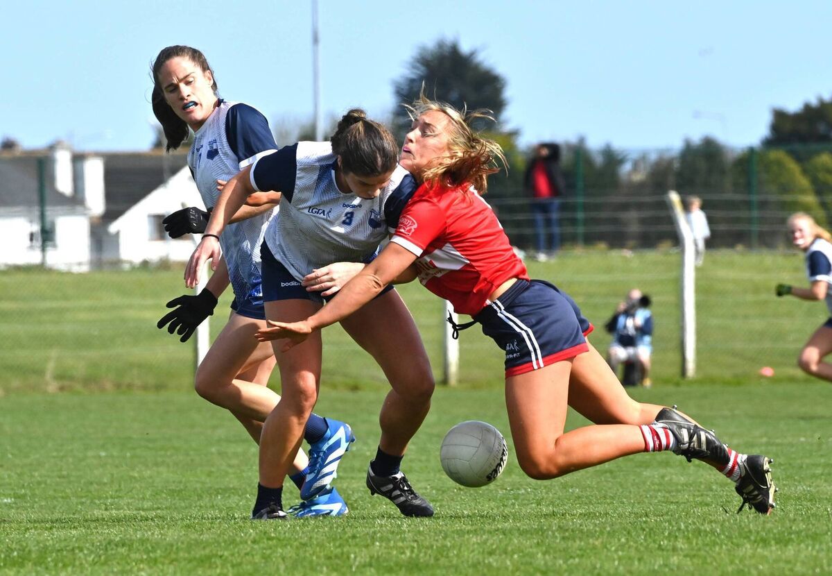 Sarah Leahy, Cork, going to ground in this clash with Eve Power, Waterford. Picture: Dan Linehan Sarah Leahy, Cork, going to ground in this clash with Eve Power, Waterford. Picture: Dan Linehan