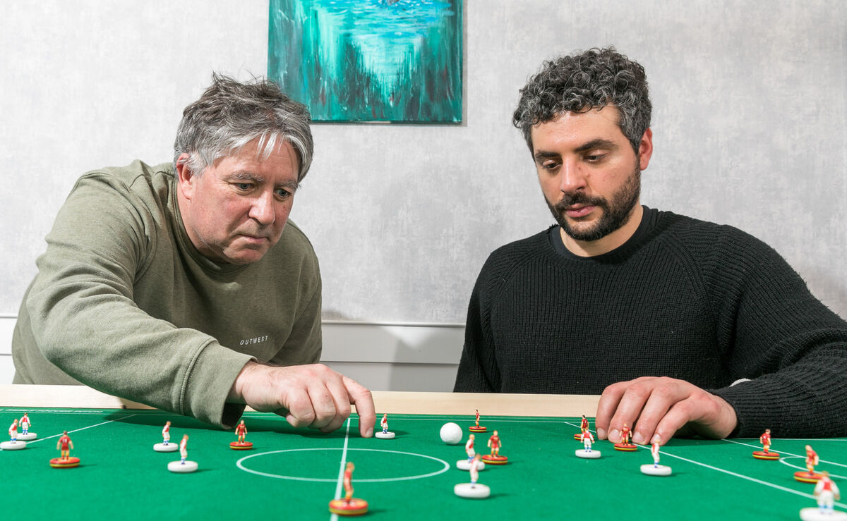 Barry Higgins and Mario Frittelli play a game of Subbuteo and are in the process of setting up a club in Cork. Picture: David Creedon. Barry Higgins and Mario Frittelli play a game of Subbuteo and are in the process of setting up a club in Cork. Picture: David Creedon.