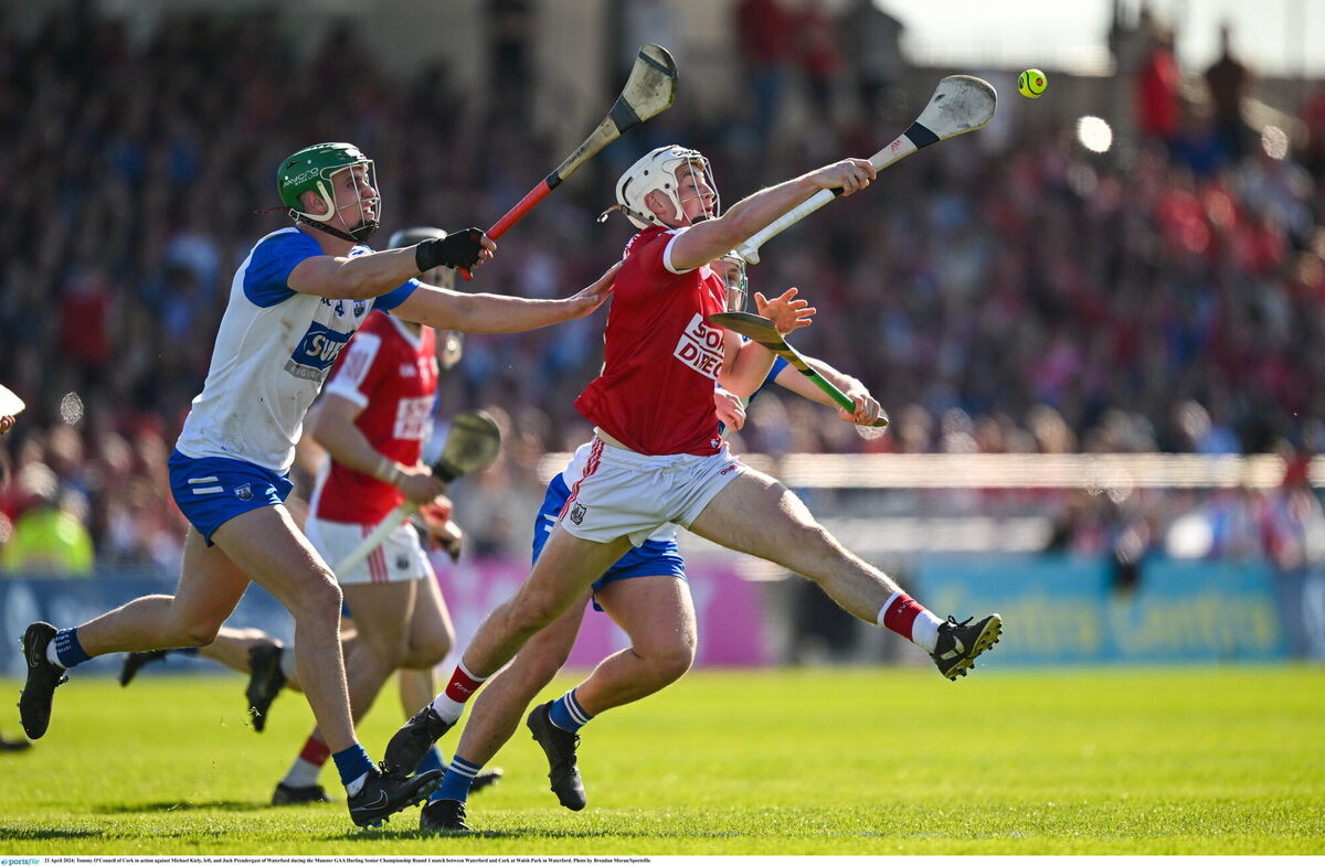 Tommy O'Connell of Cork in action against Michael Kiely, left, and Jack Prendergast of Waterford during the Munster GAA Hurling Senior Championship Round 1 match between Waterford and Cork at Walsh Park in Waterford. Photo by Brendan Moran/Sportsfile