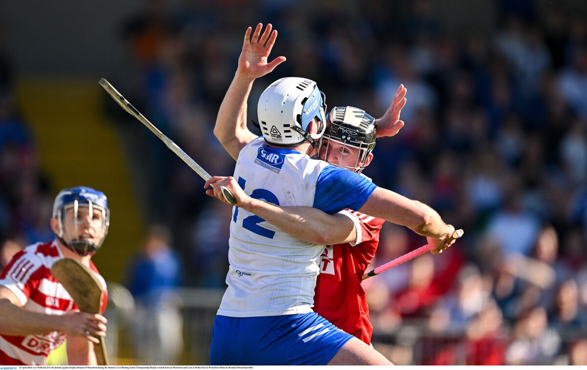 Ger Mellerick of Cork defends against Stephen Bennett of Waterford during the Munster GAA Hurling Senior Championship Round 1 match between Waterford and Cork at Walsh Park in Waterford. Photo by Brendan Moran/Sportsfile