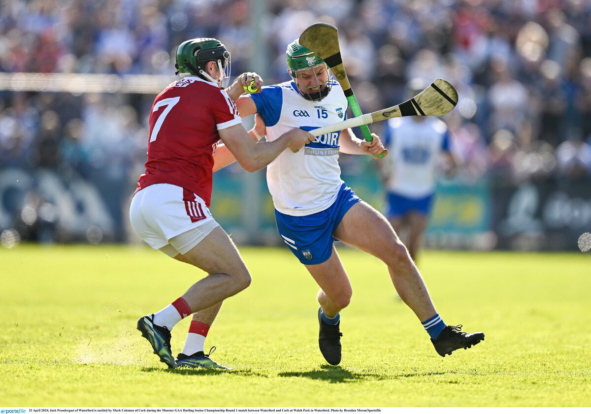 Jack Prendergast of Waterford is tackled by Mark Coleman of Cork during the Munster GAA Hurling Senior Championship Round 1 match between Waterford and Cork at Walsh Park in Waterford. Photo by Brendan Moran/Sportsfile Jack Prendergast of Waterford is tackled by Mark Coleman of Cork during the Munster GAA Hurling Senior Championship Round 1 match between Waterford and Cork at Walsh Park in Waterford. Photo by Brendan Moran/Sportsfile