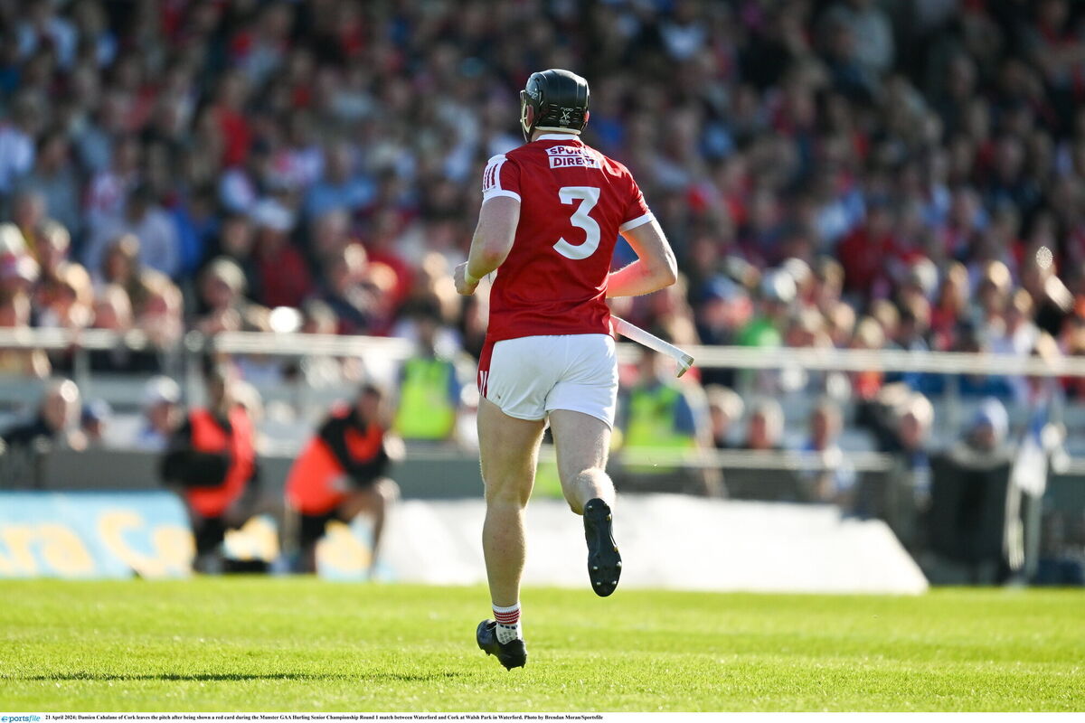Damien Cahalane of Cork leaves the pitch after being shown a red card during the Munster GAA Hurling Senior Championship Round 1 match between Waterford and Cork at Walsh Park in Waterford. Photo by Brendan Moran/Sportsfile Damien Cahalane of Cork leaves the pitch after being shown a red card during the Munster GAA Hurling Senior Championship Round 1 match between Waterford and Cork at Walsh Park in Waterford. Photo by Brendan Moran/Sportsfile