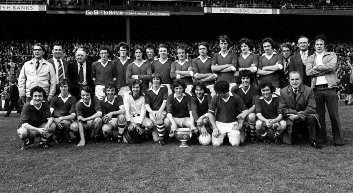 The Cork minor football team celebrate after their win over Mayo in the 1974 All-Ireland final. 