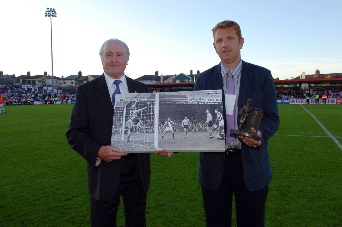 John McHale, sports editor of the Evening Echo making a presentation to Sunderland legend Charlie Hurley at half time during the Cork City v. Sunderland friendly game at Turner's Cross John McHale, sports editor of the Evening Echo making a presentation to Sunderland legend Charlie Hurley at half time during the Cork City v. Sunderland friendly game at Turner's Cross