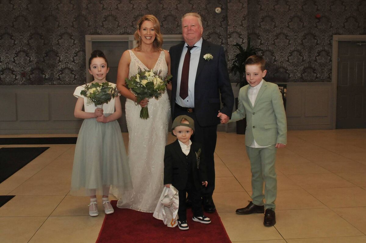 Rose and Terry with Rose’s niece and nephew, Millie and Oscar Sheehan, who were flower girl and page boy, along with ‘cool dude’ page boy Harry, aged two. Rose and Terry with Rose’s niece and nephew, Millie and Oscar Sheehan, who were flower girl and page boy, along with ‘cool dude’ page boy Harry, aged two.