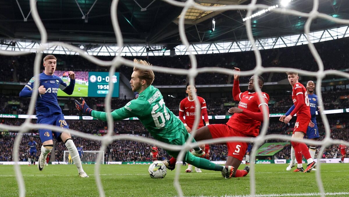 Caoimhin Kelleher of Liverpool makes a save from Cole Palmer of Chelsea during the Carabao Cup final at Wembley Stadium on February 25, 2024 in London, England. Picture: Julian Finney/Getty Images