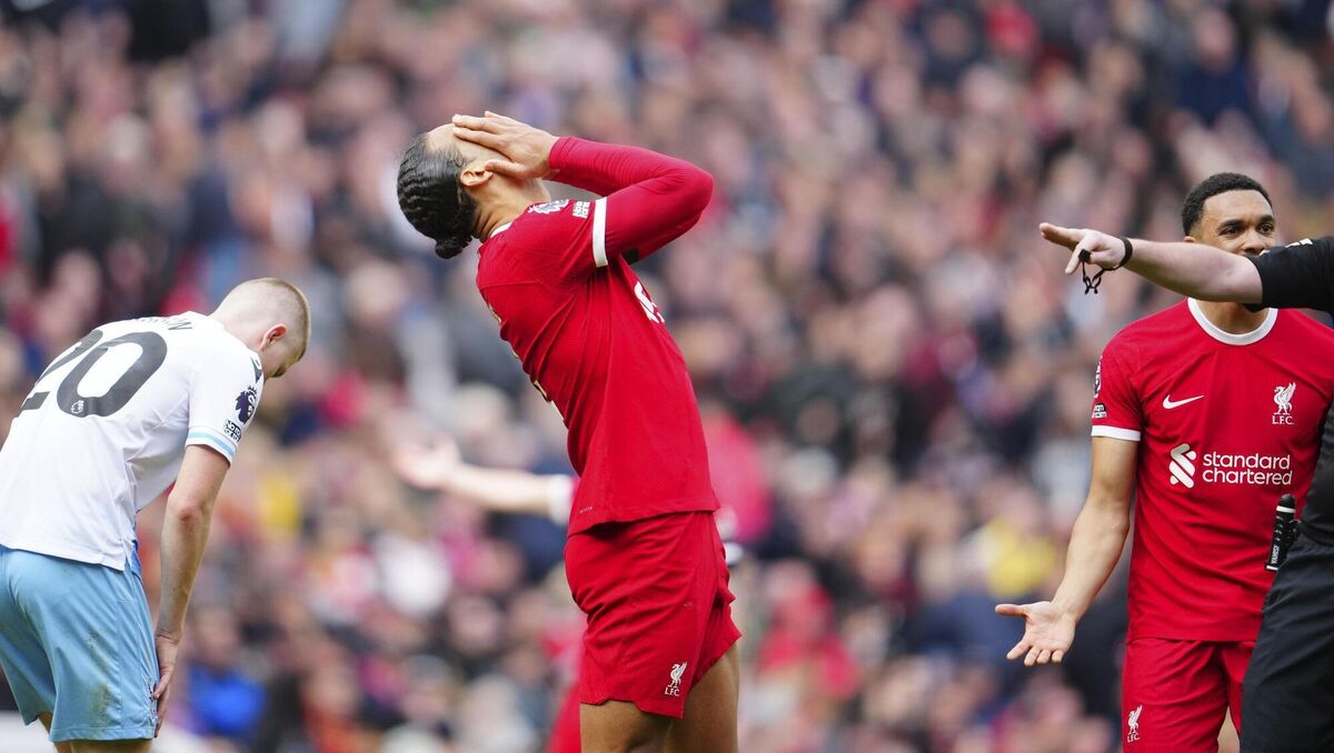 Liverpool's Virgil van Dijk reacts during the Premier League match against Crystal Palace at Anfield Stadium in Liverpool. Picture: Jon Super