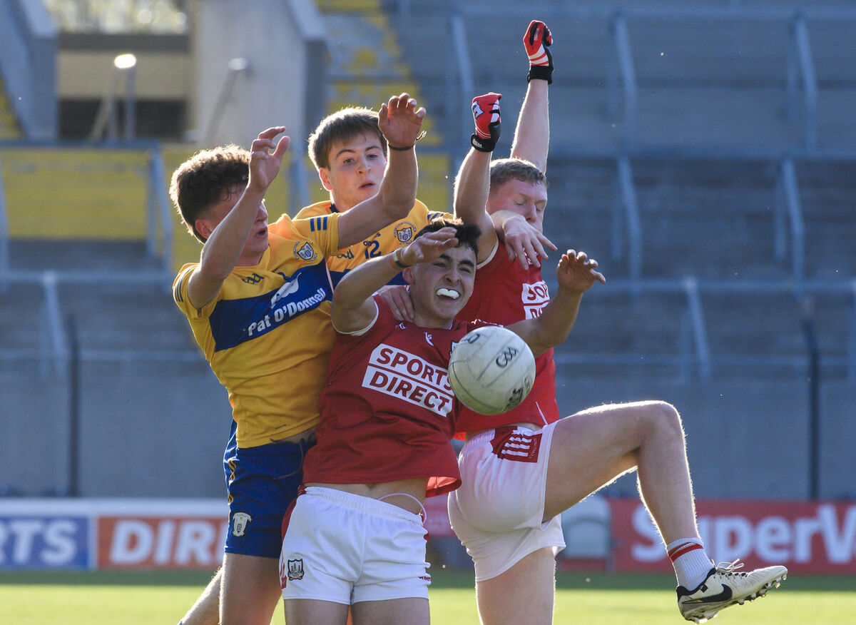 Cork's David Buekley and Rory Shaughnessy winning this midfield ball from Clare's Joshue Vaughan and Darren Keane. Picture: Dan Linehan Cork's David Buekley and Rory Shaughnessy winning this midfield ball from Clare's Joshue Vaughan and Darren Keane. Picture: Dan Linehan