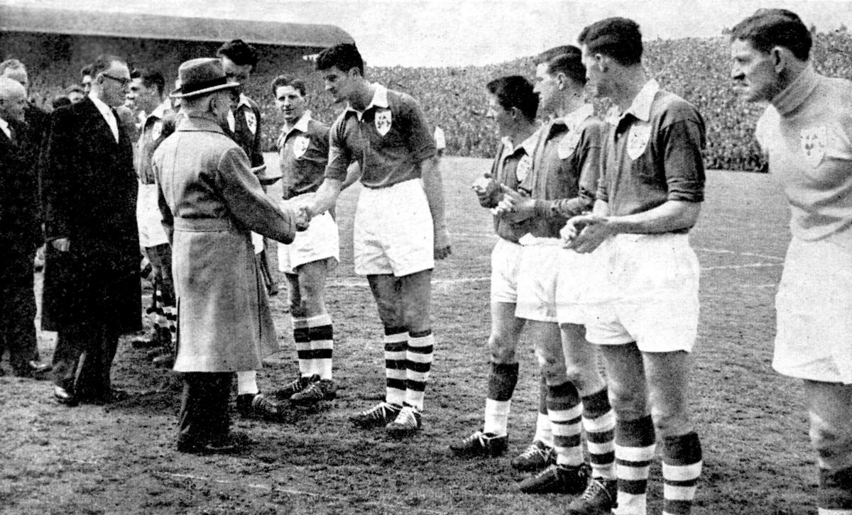 The President of Ireland, Sean T. O'Kelly, shakes hands with Cork born Charlie Hurley, the Irish centre-half before the start of the World Cup qualifying game between Ireland and England at Dalymount Park, Dublin. An attendance of 51,000 watched a 1-1 draw. The President of Ireland, Sean T. O'Kelly, shakes hands with Cork born Charlie Hurley, the Irish centre-half before the start of the World Cup qualifying game between Ireland and England at Dalymount Park, Dublin. An attendance of 51,000 watched a 1-1 draw.