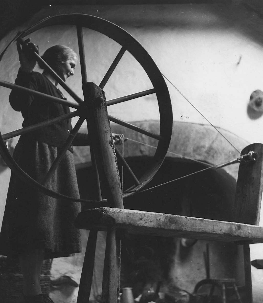 Mrs Bartley Hernon twists the threads of spun wool in preparation for a long winter of knitting at Kilmurvy on Inishmore, one of the Aran Islands, in 1960. Picture: George Pickow/Three Lions/Getty Images Mrs Bartley Hernon twists the threads of spun wool in preparation for a long winter of knitting at Kilmurvy on Inishmore, one of the Aran Islands, in 1960. Picture: George Pickow/Three Lions/Getty Images