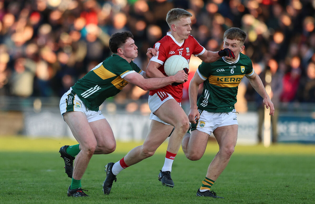 Dara Sheedy of Cork takes on Eddie Healy and Darragh O’Connor of Kerry. Picture: INPHO/Natasha Barton