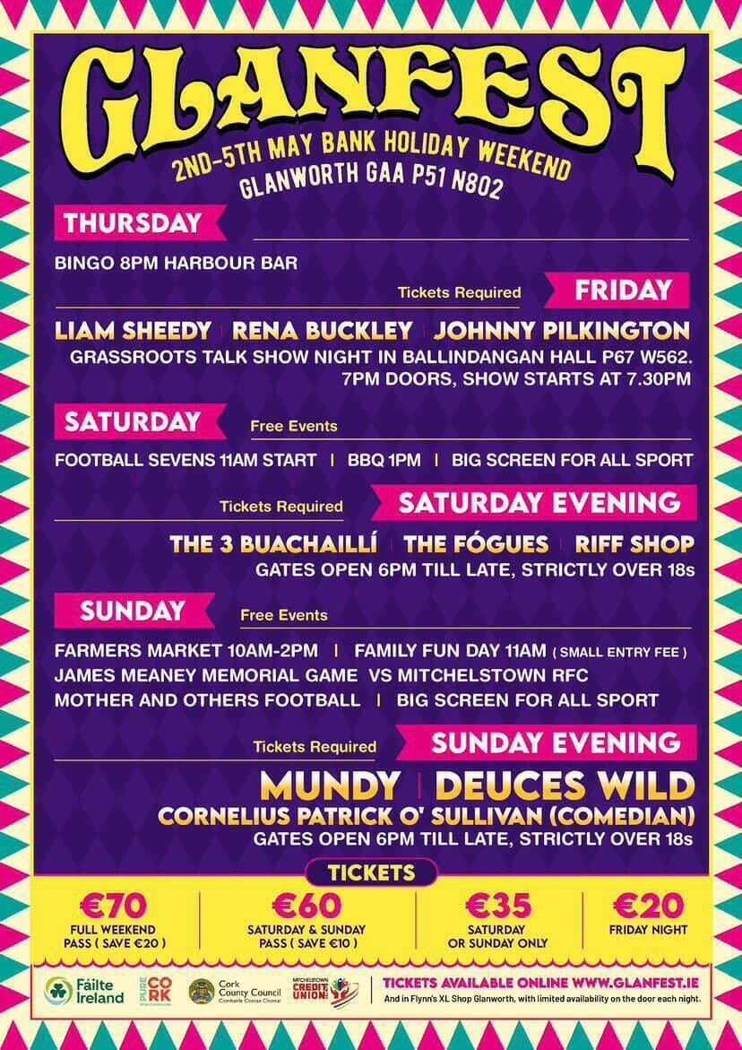 Events on over the weekend at Glanfest at Glanworth GAA grounds. Events on over the weekend at Glanfest at Glanworth GAA grounds.