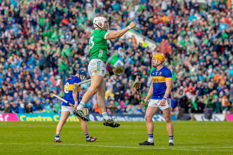 Aaron Gillane celebrates his goal for Limerick against Tipperary in last Sunday's Munster SHC clash at TUS Gaelic Grounds. Picture: Kieran Ryan-Benson