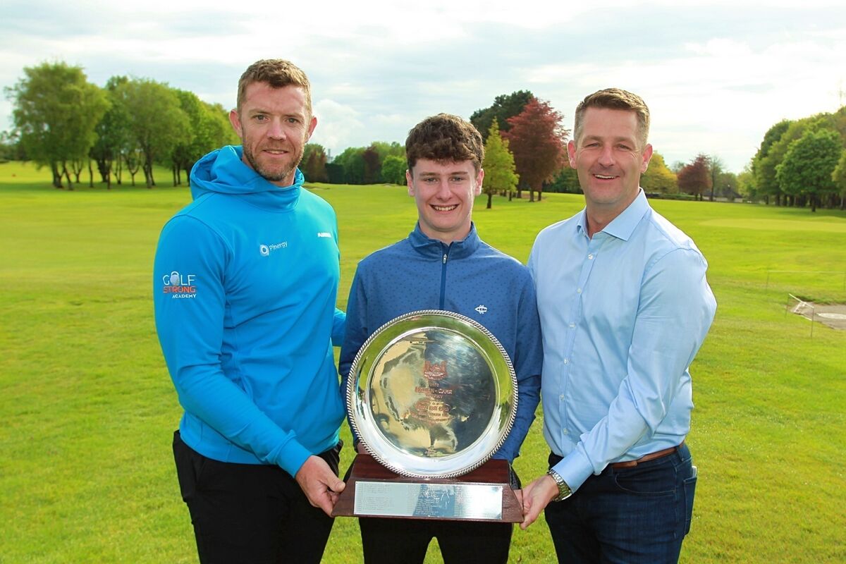 James Walsh (Douglas) pictured with Peter O'Keeffe and Paul Buckley from sponsors F45 after winning the Carr Bruen (U25) trophy at the Munster Strokeplay in Cork Golf Club. Picture: Niall O'Shea