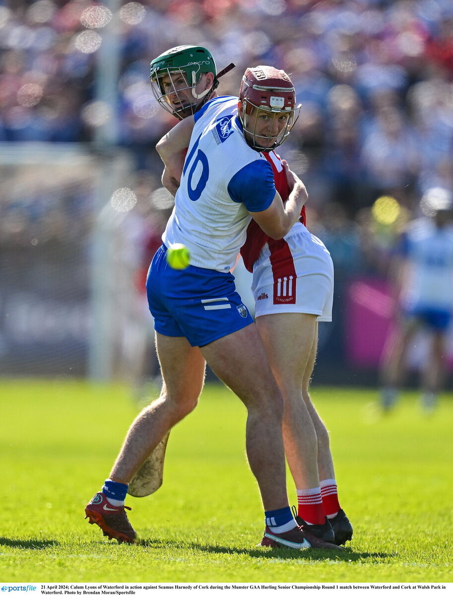Calum Lyons of Waterford in action against Seamus Harnedy of Cork during the Munster GAA Hurling Senior Championship Round 1 match between Waterford and Cork at Walsh Park in Waterford. Photo by Brendan Moran/Sportsfile