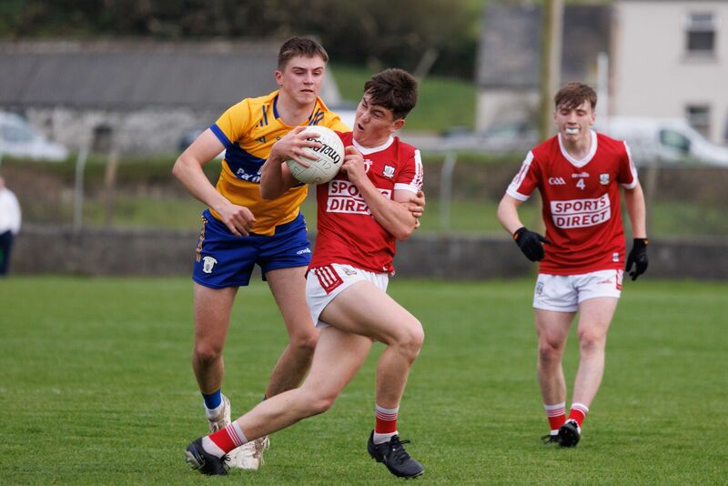 Cork’s Danny Miskella and Clare’s Sean Fennell in action during the Clare V Cork Munster Minor Football Championship match at Páirc Mhuire Quilty. Picture : Eamon Ward Cork’s Danny Miskella and Clare’s Sean Fennell in action during the Clare V Cork Munster Minor Football Championship match at Páirc Mhuire Quilty. Picture : Eamon Ward