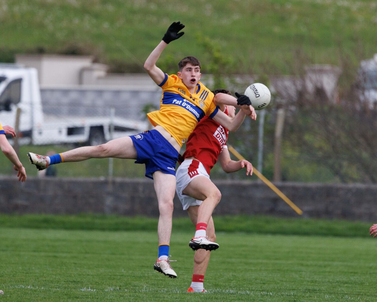 Cork’s Aaron Keane and Clare’s Shane O'Connell in action during the Clare V Cork Munster Minor Football Championship match at Páirc Mhuire Quilty. Picture : Eamon Ward Cork’s Aaron Keane and Clare’s Shane O'Connell in action during the Clare V Cork Munster Minor Football Championship match at Páirc Mhuire Quilty. Picture : Eamon Ward