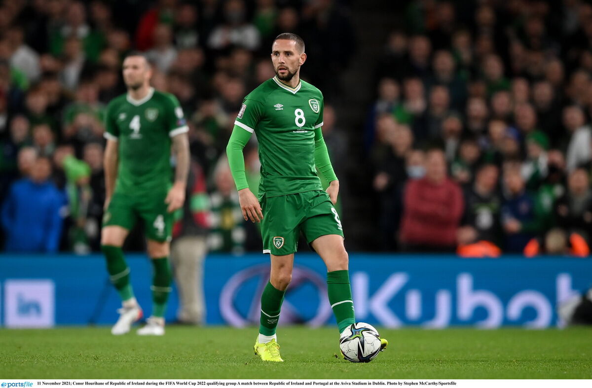 Conor Hourihane of Republic of Ireland during the FIFA World Cup 2022 qualifying group A match between Republic of Ireland and Portugal at the Aviva Stadium in Dublin. Photo by Stephen McCarthy/Sportsfile Conor Hourihane of Republic of Ireland during the FIFA World Cup 2022 qualifying group A match between Republic of Ireland and Portugal at the Aviva Stadium in Dublin. Photo by Stephen McCarthy/Sportsfile