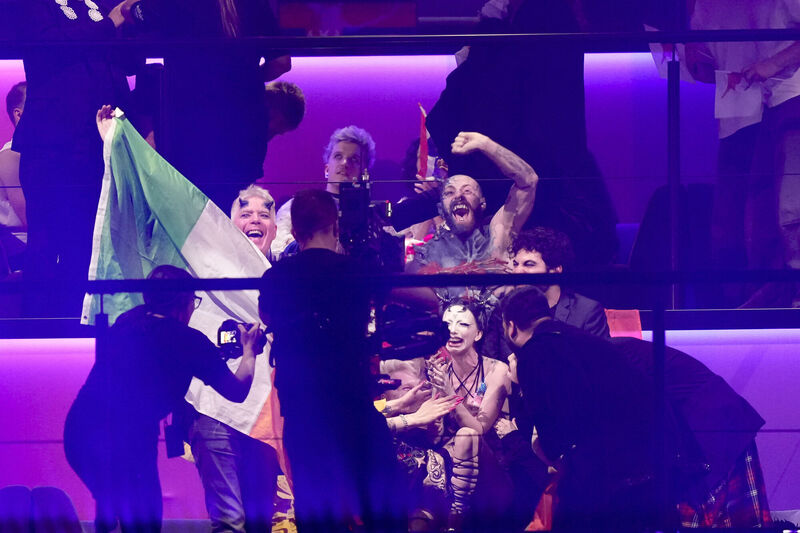 Bambie Thug of Ireland celebrate qualifying for the grand final during the first semi-final at the Eurovision Song Contest in Malmo, Sweden, Tuesday, May 7, 2024. (AP Photo/Martin Meissner) Bambie Thug of Ireland celebrate qualifying for the grand final during the first semi-final at the Eurovision Song Contest in Malmo, Sweden, Tuesday, May 7, 2024. (AP Photo/Martin Meissner)
