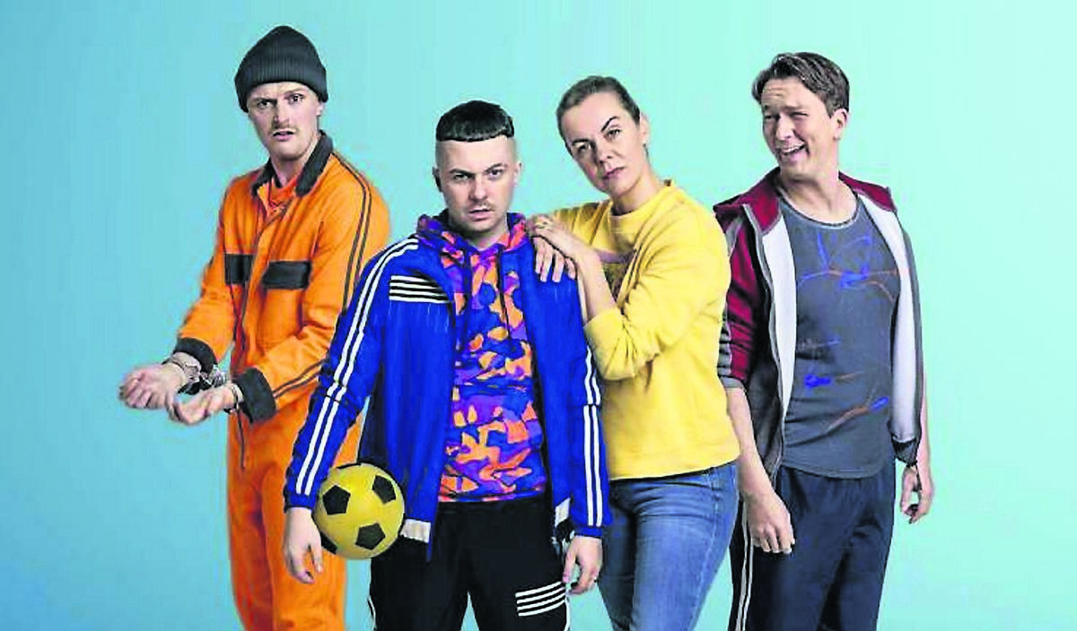 The Young Offenders stars, from left, Chris Walley as Jock, Alex Murphy as Conor, Hilary Rose as Mairéad, and Shane Casey as Billy Murph.