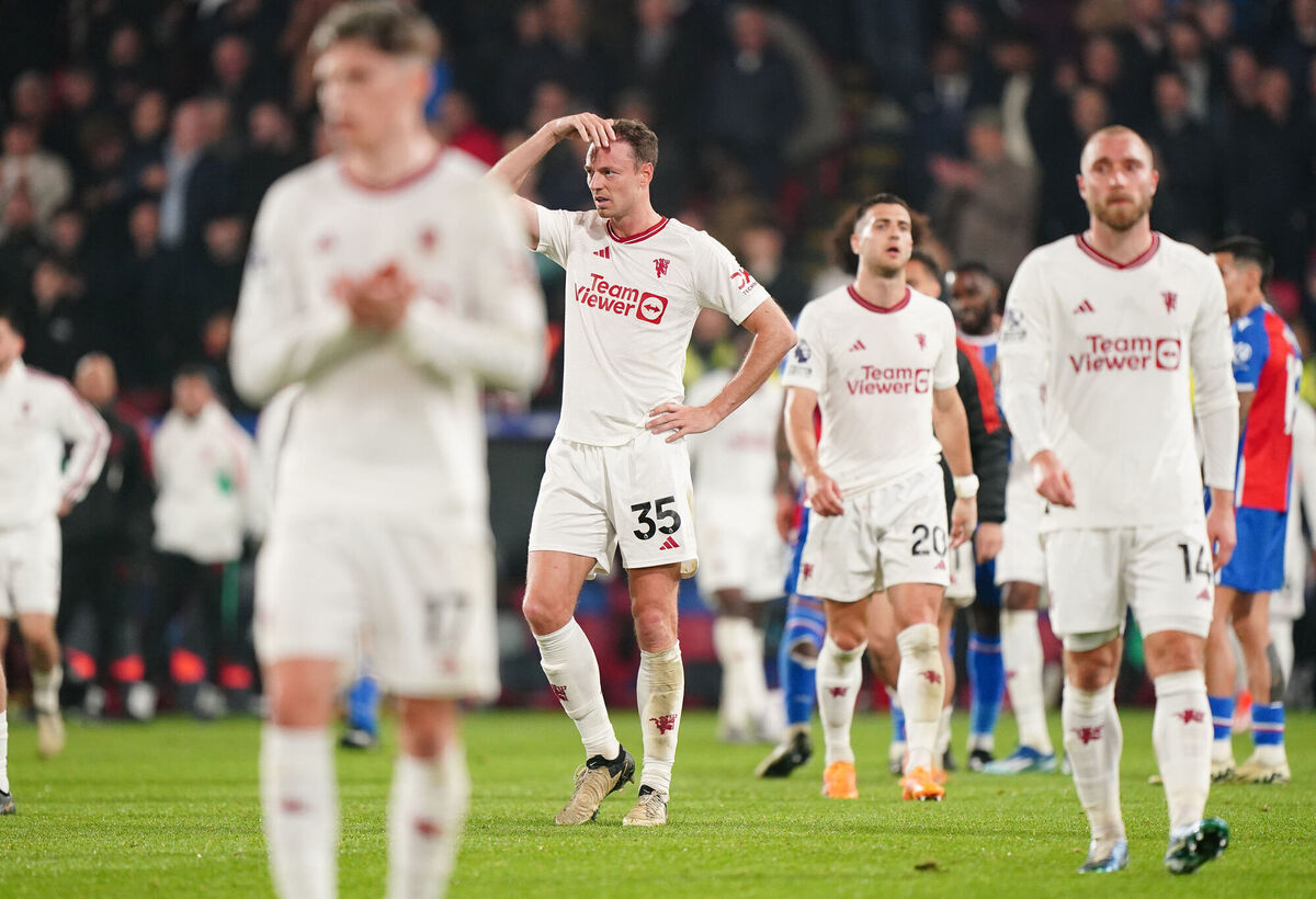 Manchester United's Jonny Evans (centre) reacts following the Premier League match at Selhurst Park, London. Picture : Zac Goodwin/PA Wire.
