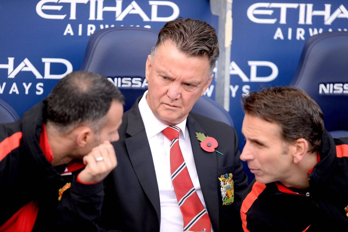 Manchester United manager Louis van Gaal (centre) with assistant manager Ryan Giggs (left) and assistant coach Albert Stuivenberg (right) during the Barclays Premier League match at the Etihad Stadium, Manchester. Picture:  Martin Rickett/PA Wire