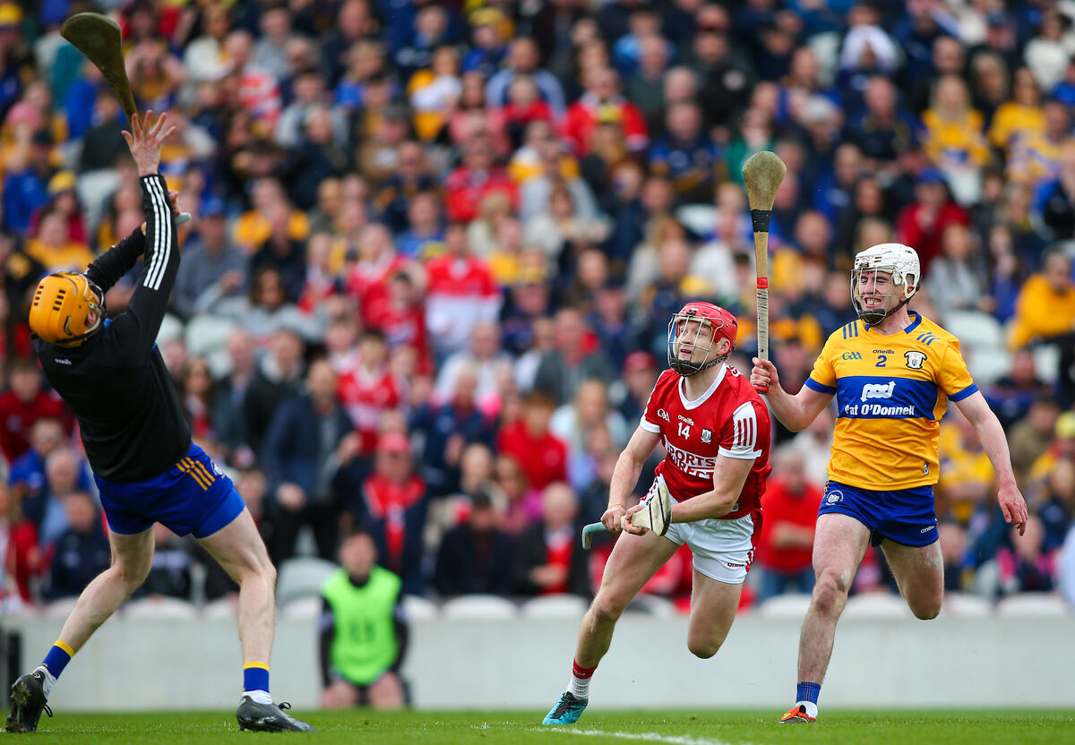 Cork's Alan Connolly shoots narrowly over the bar against Clare. Picture: Inpho/Ken Sutton
