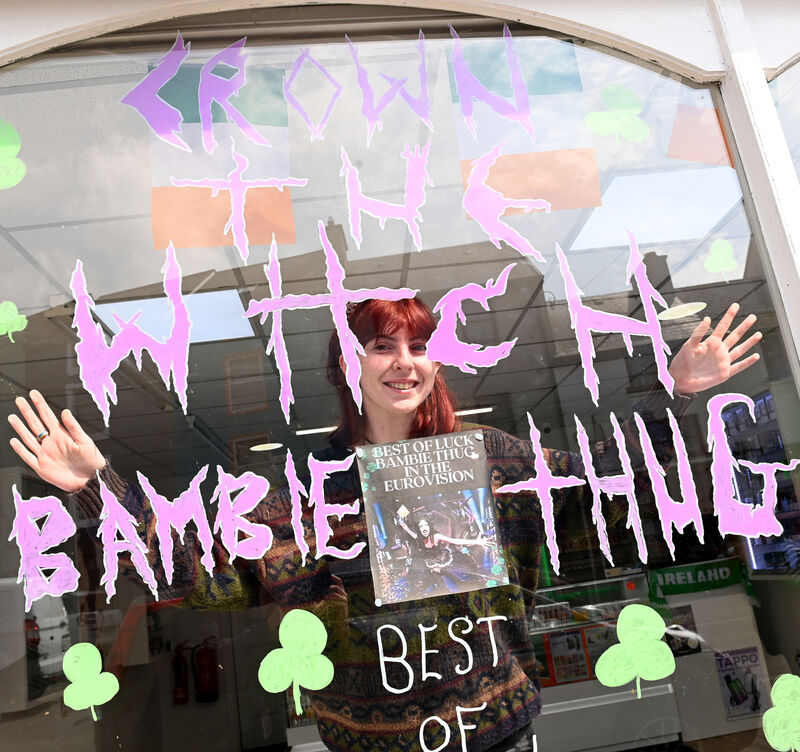 Sophie Corcoran of eSmoke Store at Macroom, Co Cork was busy decorating the shop window with the message 'Crown the Witch', in support of Bambi Thug who will be representing Ireland in the final of the Eurovision Song Contest on Saturday night. The town of Macroom is planning an outdoor 'watch party' in the town square from 7pm on Saturday night. Pic Larry Cummins