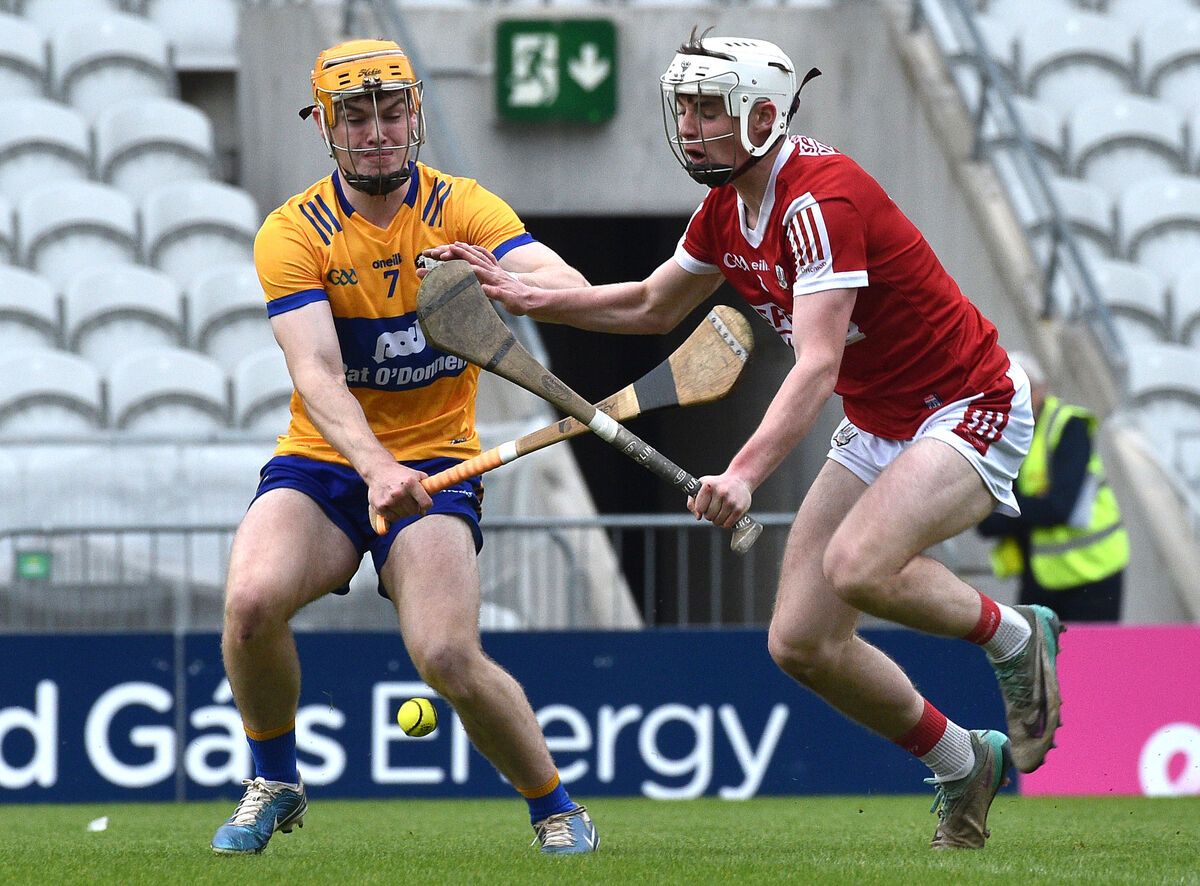  Jack O'Brien of Cork battles against Clare's Rian Mulcahy. Picture: Dan Linehan