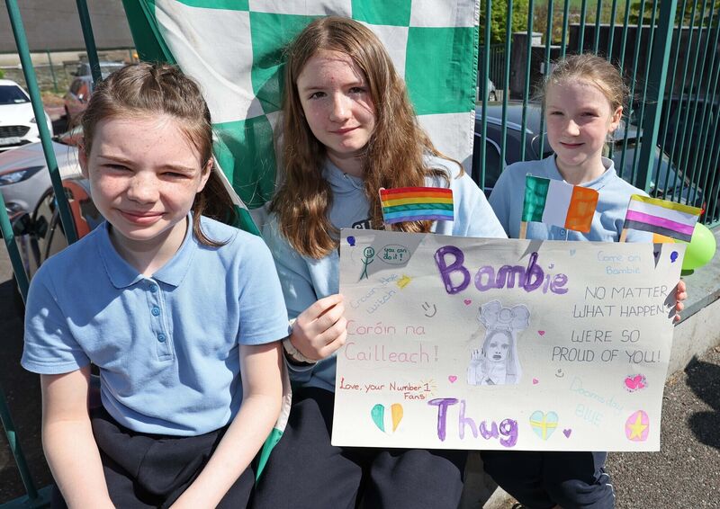  Lilly Anne Kelleher, Niamh Cooney Lynch and Ali Murphy, all 6th class with their Bambie Thug poster.Picture: Jim Coughlan.