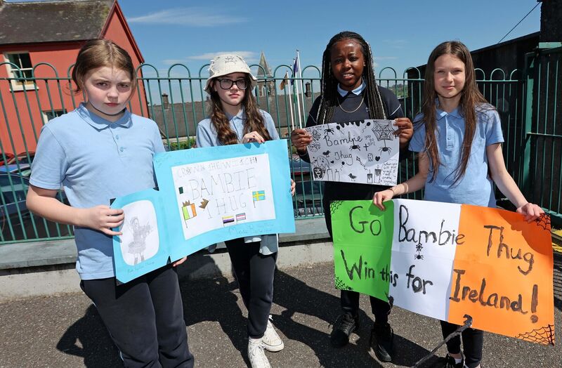  Kayla, Daccy, Emmanuela and Gabriella, all 6th class, with their Bambie Thug posters.Picture: Jim Coughlan.