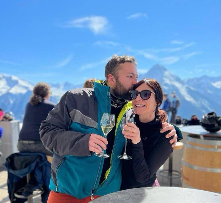 Natasha Tynan and Joris Lambrecht on their ten year anniversary at the ski bar where they met. Natasha Tynan and Joris Lambrecht on their ten year anniversary at the ski bar where they met.