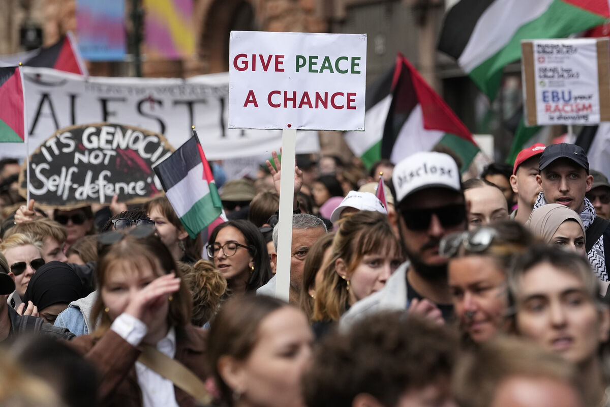 Pro-Palestinian demonstrators march during a protest against the participation of Israeli contestant Eden Golan ahead of the final of the Eurovision Song Contest (AP Photo/Martin Meissner) Pro-Palestinian demonstrators march during a protest against the participation of Israeli contestant Eden Golan ahead of the final of the Eurovision Song Contest (AP Photo/Martin Meissner)