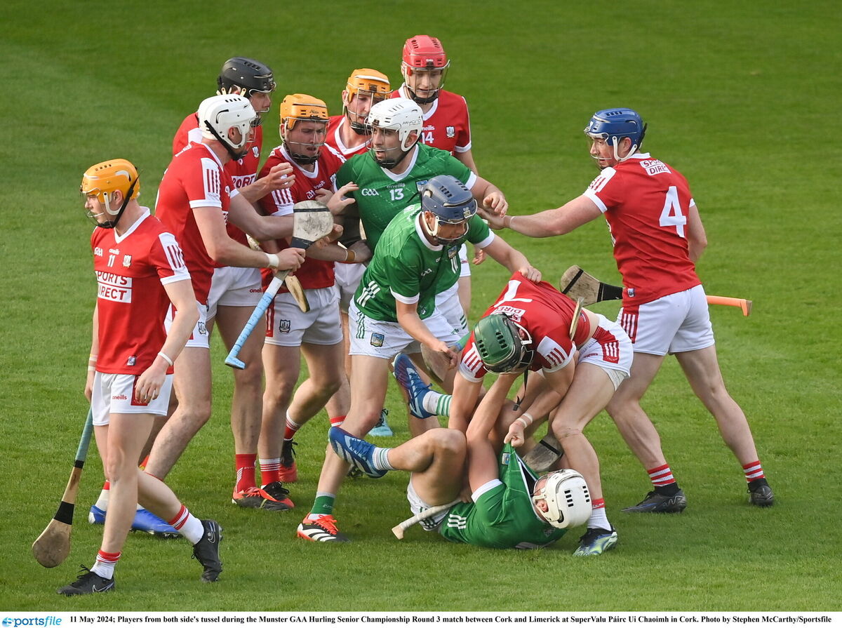Cork and Limerick players tussle with each other during the Munster SHC game at SuperValu Páirc Uí Chaoimh. Picture: Stephen Carthy/Sportsfile