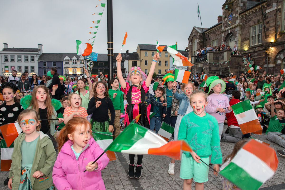 Children dancing to Bambi Thug in front of the big screen at the Eurovision Watch Party that was held in the town square, Macroom, Co. Cork. - Picture: David Creedon