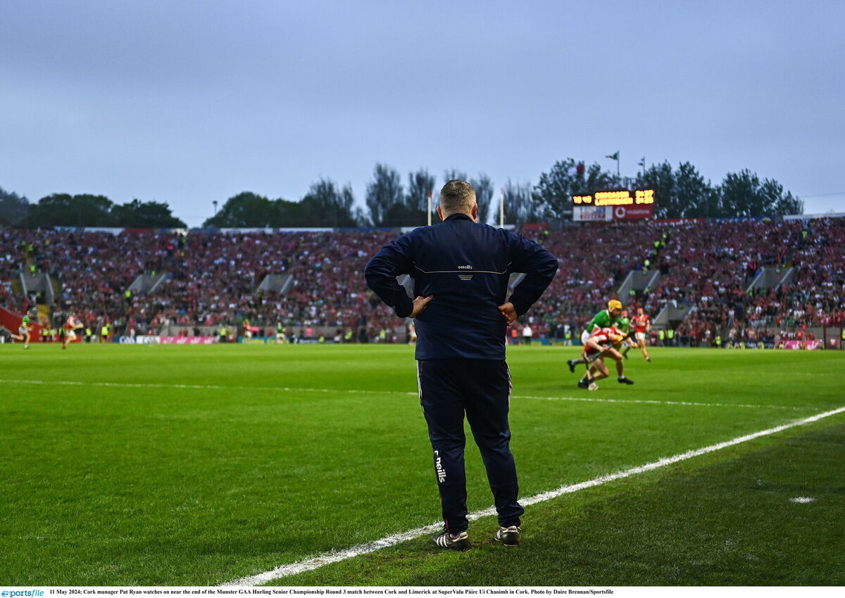 Cork manager Pat Ryan watches on as Shane Barrett is fouled at the very end of Saturday night's game. Picture: Daire Brennan/Sportsfile Cork manager Pat Ryan watches on as Shane Barrett is fouled at the very end of Saturday night's game. Picture: Daire Brennan/Sportsfile
