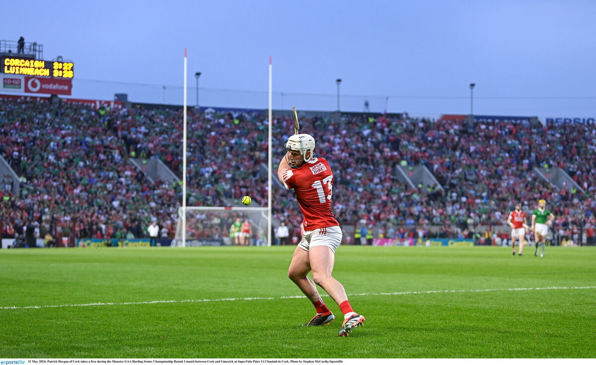 Patrick Horgan of Cork takes a free in the last minute on Saturday night. Picture: Stephen McCarthy/Sportsfile