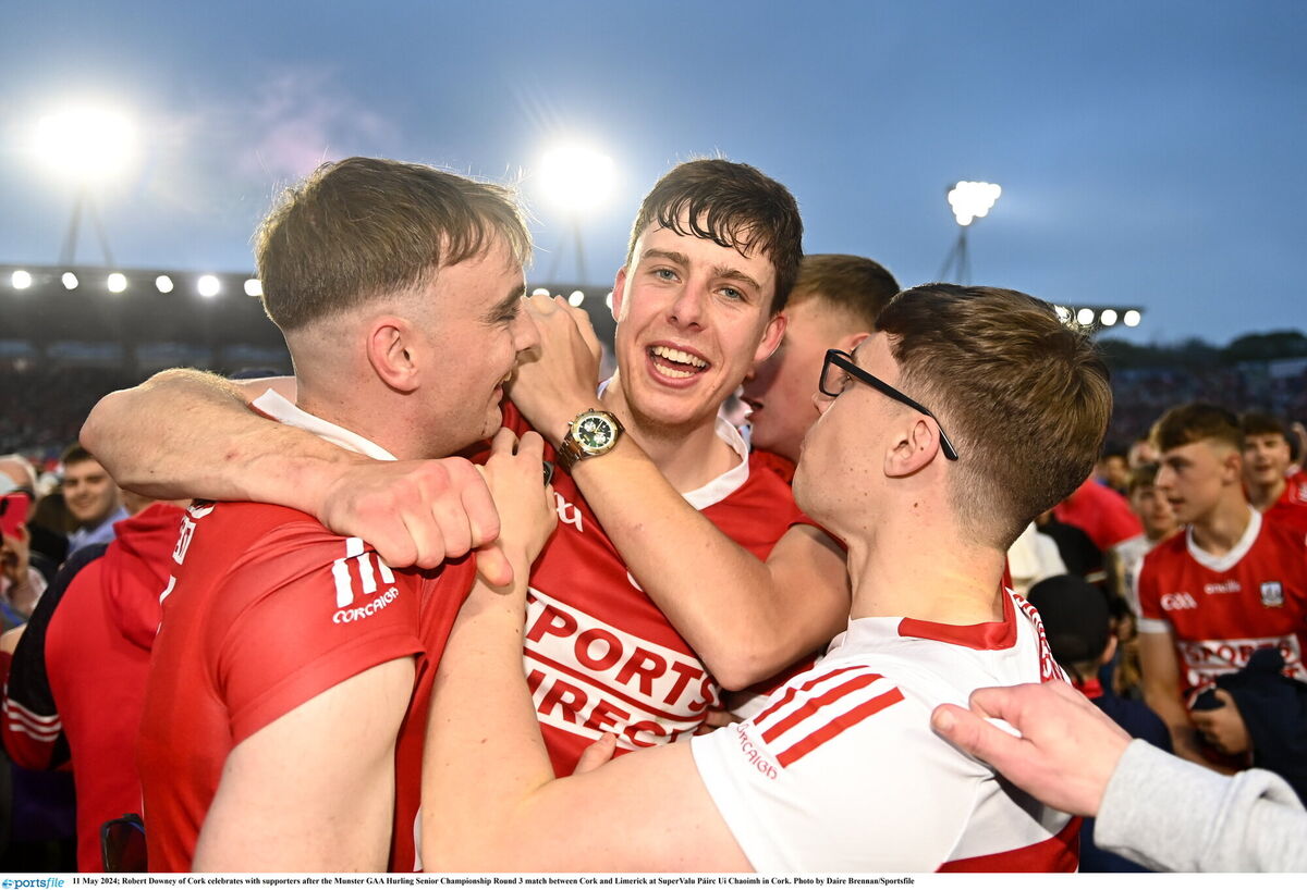 Robert Downey of Cork celebrates with supporters after. Picture: Daire Brennan/Sportsfile