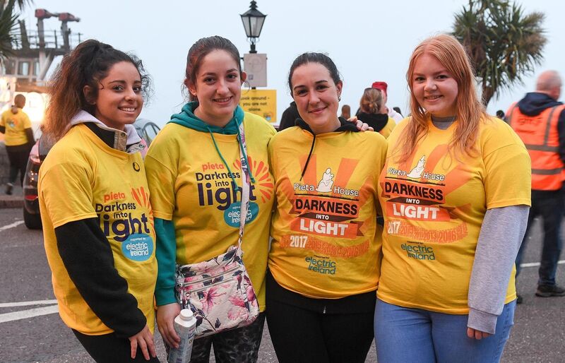 Alex O'Meara, Martha Kelly, Melanie Arias and Ciara Murphy, at the Darkness into Light walk in Cobh in aid of Pieta. Picture: David Keane.