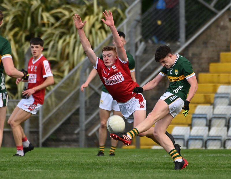 Kerry's Gearóid White shoots from Cork's Cathal McCarthy. Picture: Eddie O'Hare Kerry's Gearóid White shoots from Cork's Cathal McCarthy. Picture: Eddie O'Hare