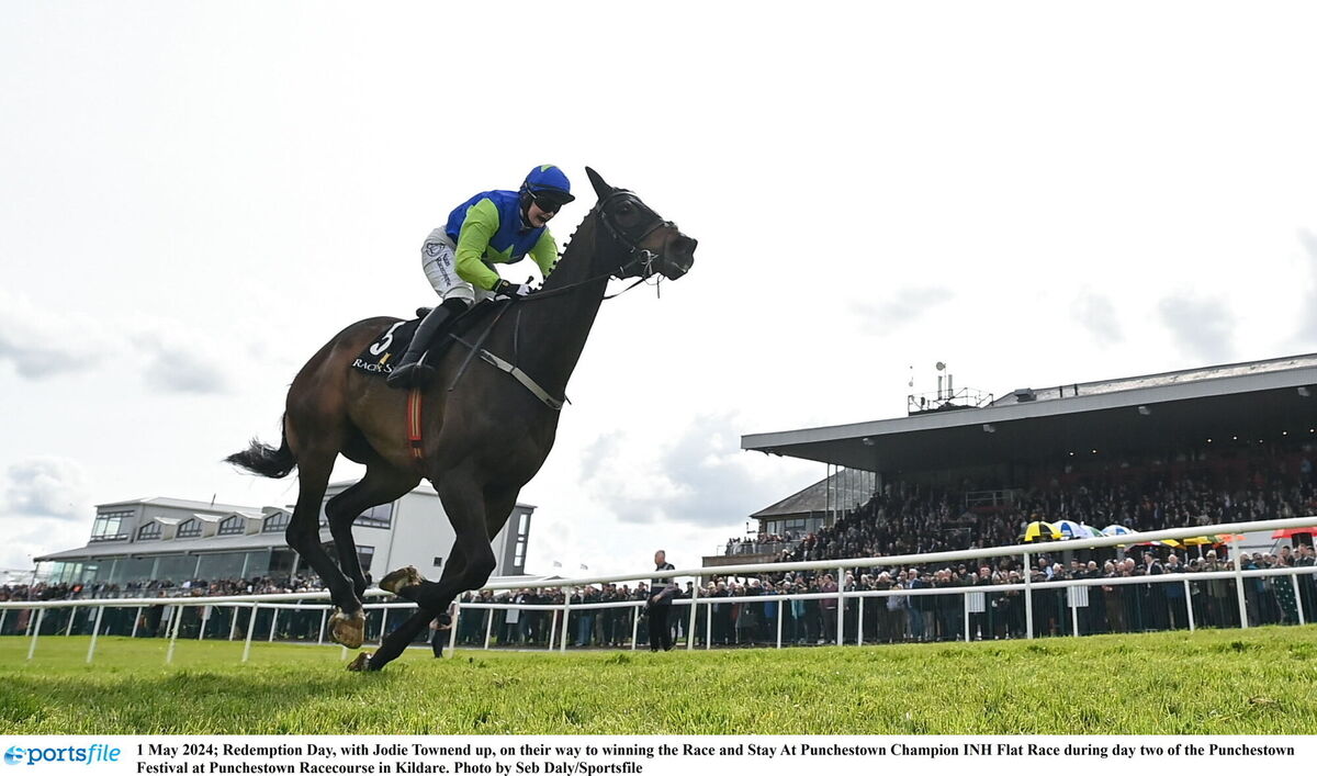 Redemption Day, with Jodie Townend up, on their way to winning the Race and Stay At Punchestown Champion INH Flat Race during day two of the Punchestown Festival at Punchestown Racecourse in Kildare. Photo by Seb Daly/Sportsfile