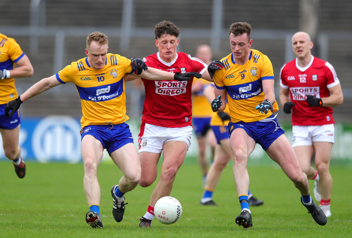 Cork's Colm O'Callaghan up against Pearse Lillis and Darragh Bohannon of Clare. Picture: INPHO/Natasha Barton Cork's Colm O'Callaghan up against Pearse Lillis and Darragh Bohannon of Clare. Picture: INPHO/Natasha Barton