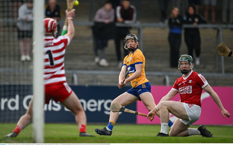 Cork goalkeeper Paudie O'Sullivan saves from Michael Collins of Clare. Picture: Brendan Moran/Sportsfile