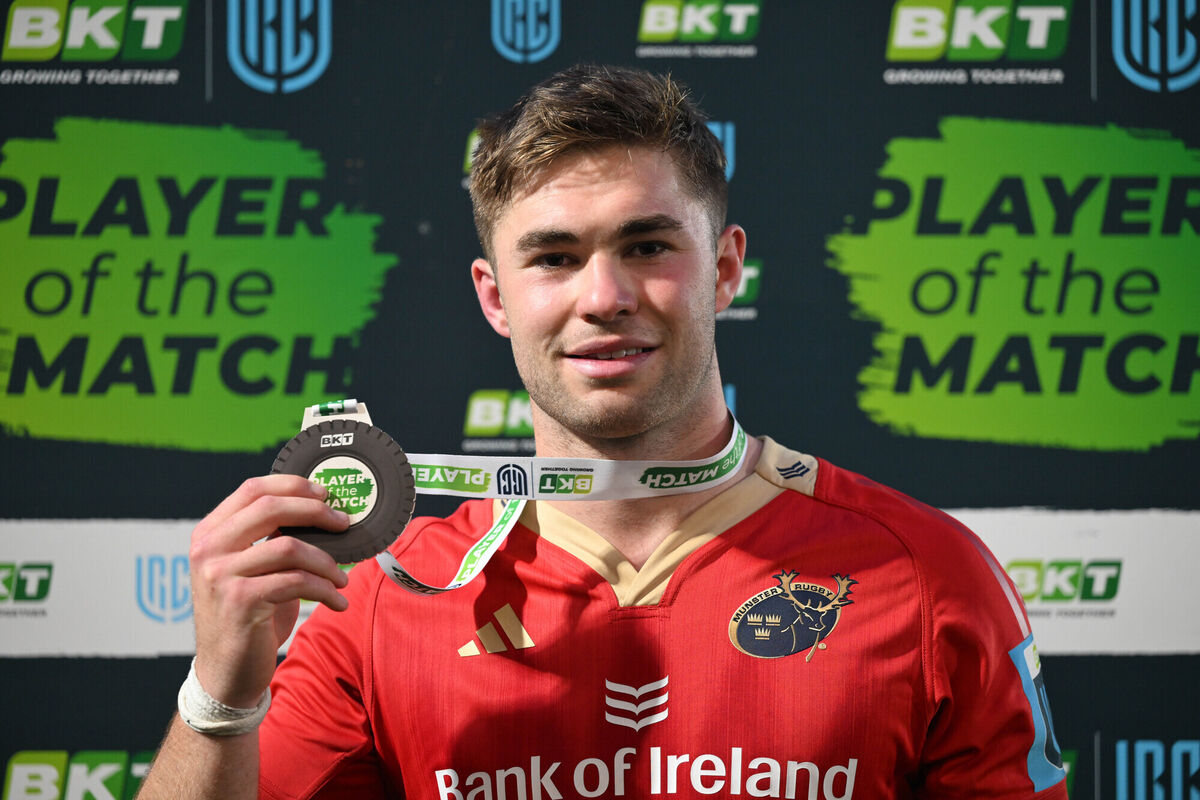 Munster’s Jack Crowley with the BKT player of the match award. Picture: INPHO/Craig Watson