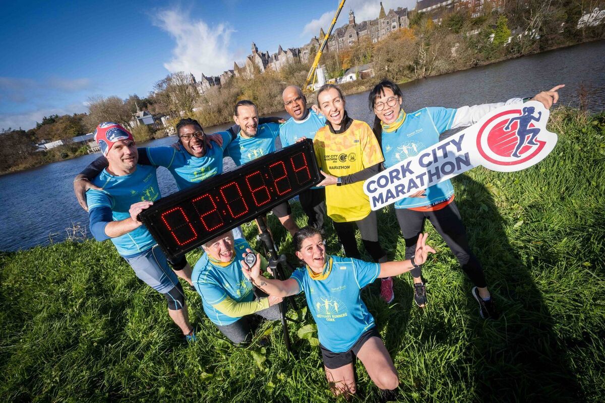 Sanctuary Runners Peter Hertting, Esmeraldo Taveres, Oleksii Zatsarynsky, Umar Hayat, Irish olympic athlete Lizzie Lee, Yan Zhang, Siun Kearney and Mona El Kafsi at the launch of the Cork City Marathon, which will take place on Sunday 2 June 2024. Photo Joleen Cronin. Sanctuary Runners Peter Hertting, Esmeraldo Taveres, Oleksii Zatsarynsky, Umar Hayat, Irish olympic athlete Lizzie Lee, Yan Zhang, Siun Kearney and Mona El Kafsi at the launch of the Cork City Marathon, which will take place on Sunday 2 June 2024. Photo Joleen Cronin.