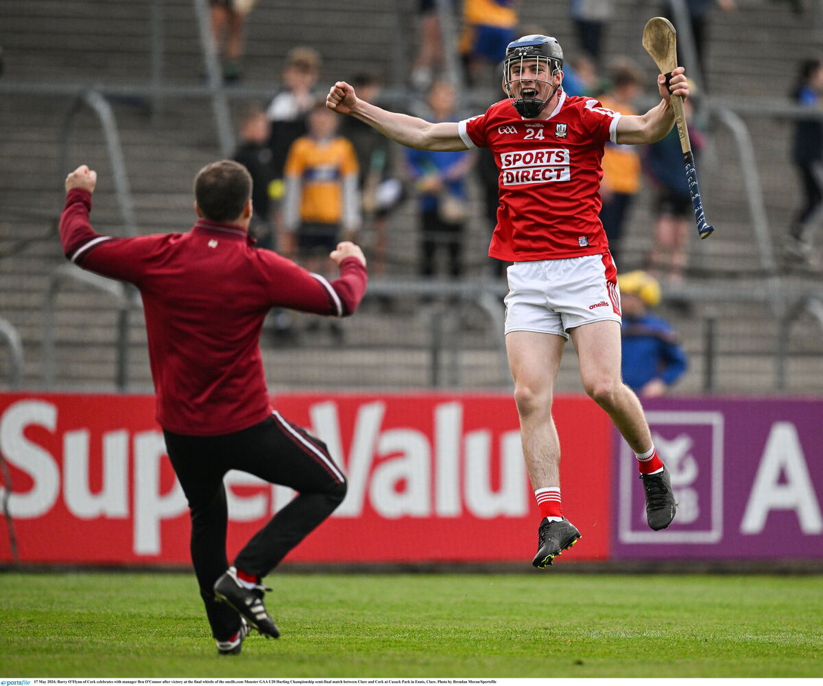 Cork's Barry O’Flynn celebrates with manager Ben O'Connor after he scored the vital goal against Clare in last Friday's oneills.com Munster U20HC semi-final at Cusack Park in Ennis. Picture: Brendan Moran/Sportsfile