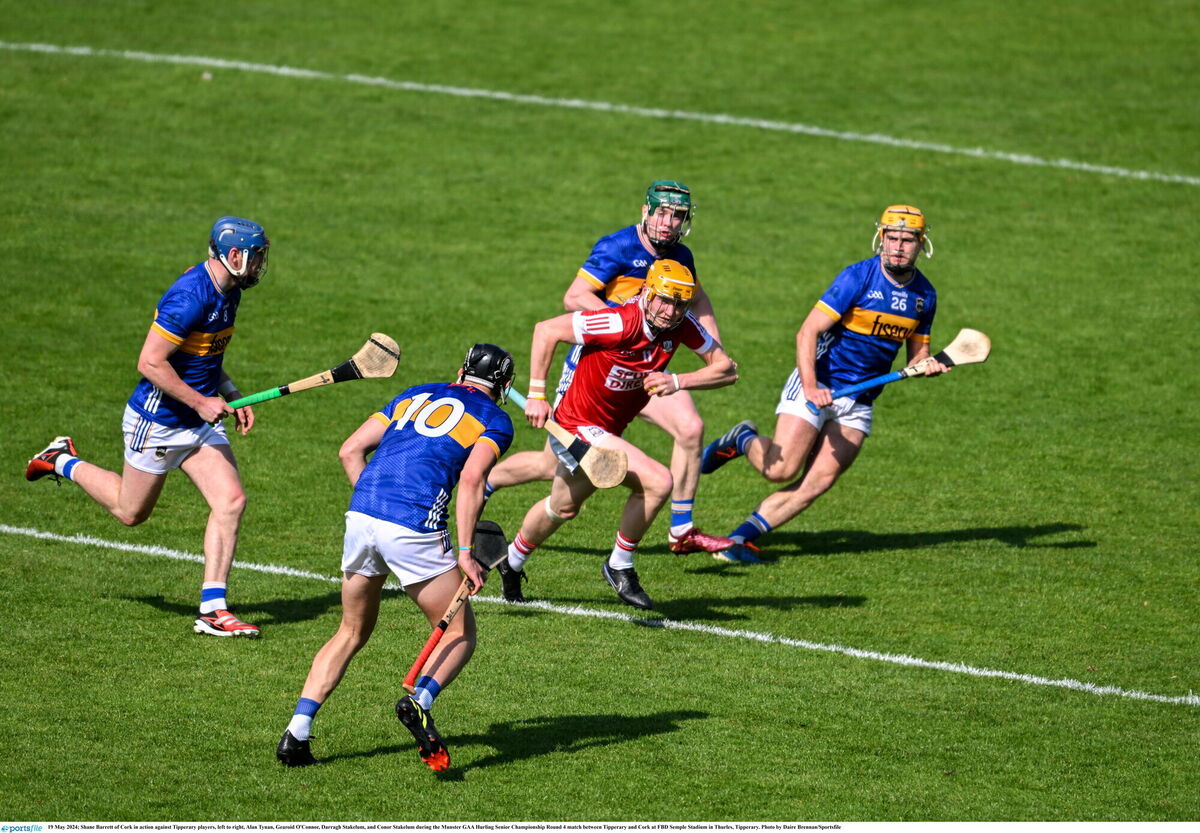 Shane Barrett of Cork sets up the first goal for Alan Connolly despite being swarmed by four Tipperary defenders. in Thurles, Tipperary. Picture: Daire Brennan/Sportsfile Shane Barrett of Cork sets up the first goal for Alan Connolly despite being swarmed by four Tipperary defenders. in Thurles, Tipperary. Picture: Daire Brennan/Sportsfile