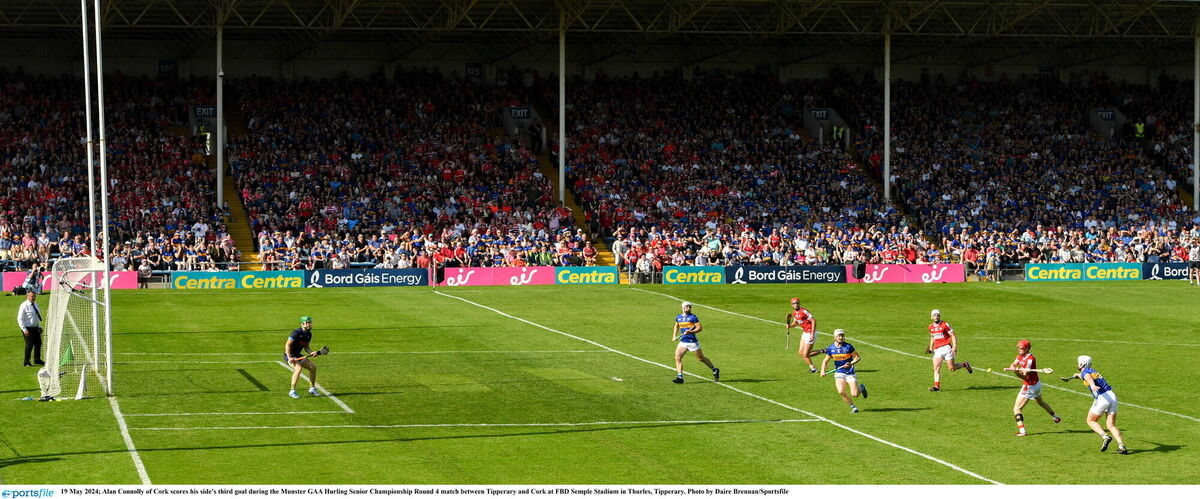 Alan Connolly scores his and Cork's third goal against Tipperary. Picture: Daire Brennan/Sportsfile