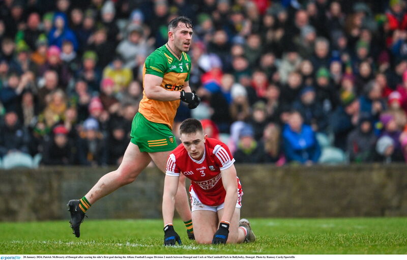 Donegal's Patrick McBrearty celebrates after scoring a goal against Cork back in January. Picture: Ramsey Cardy/Sportsfile Donegal's Patrick McBrearty celebrates after scoring a goal against Cork back in January. Picture: Ramsey Cardy/Sportsfile