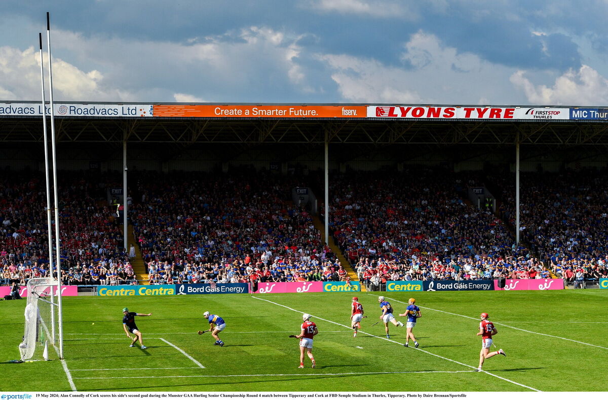 Alan Connolly of Cork scores his second goal at FBD Semple Stadium. Picture: Daire Brennan/Sportsfile